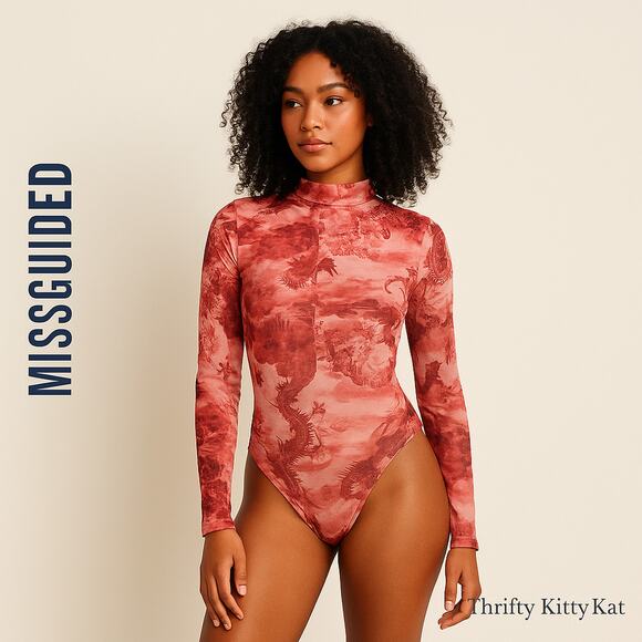 Missguided Mesh Dragon Print Bodysuit Mock Neck Long Sleeve Sheer Stretch 4 NWT - Picture 1 of 9